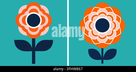 Set aus zwei modernen minimalistischen Blumenillustrationen mit orangefarbenen Blütenblättern auf einem blaugrünen Hintergrund Stock Vektor