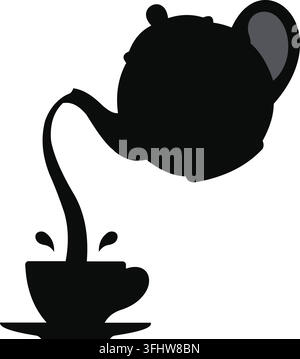 Schwarze Silhouette einer Teekanne, die heißen Tee in eine passende Tasse und Untertasse gießt Stock Vektor