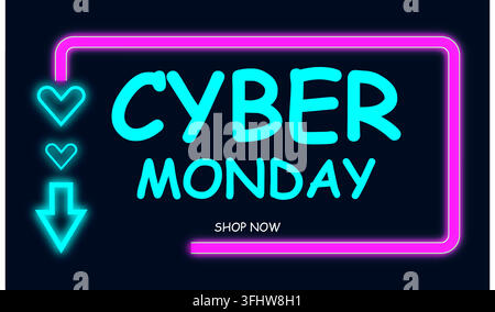 Helles Neon-Cyber-Monday-Sale-Schild mit Herzen und Pfeil auf dunklem Hintergrundposter Stock Vektor