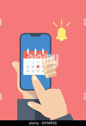 Flache Illustration von Händen, die ein Smartphone halten, das einen Kalenderplaner mit einem markierten Datum und einer darüber liegenden klingelnden Benachrichtigungsglocken-Ikone anzeigt. Stock Vektor