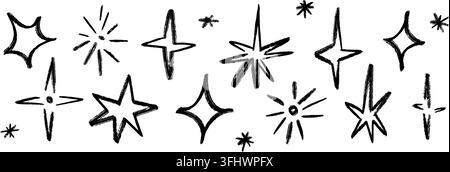 Handgezeichnete Sternformensammlung. Schwarzer Pinselstrich-Funken-Skizzen-Set. Niedliches Kinder-Buntstift-Funkeln-Sternchen-Doodle-Bündel für Aufkleber, Collage, Poster, Aufkleber, Etikett. Vektor-abstraktes Magie-Glanz-Paket Stock Vektor