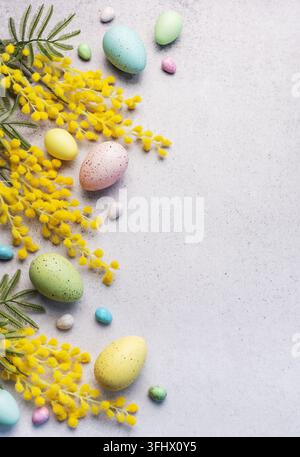 Pastellfarbene Ostereier und gelbe Mimosenblüten auf einem hellgrauen Hintergrund Stockfoto