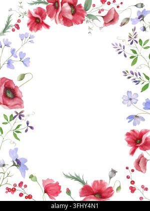 Aquarell-Wildblumen-Roter Mohn Rahmen Handgezeichnete Florale Rechteckige Bordur Feldblumen Wiese Botanische Cliparts. Vektor EPS. Stock Vektor