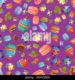 Lebendige nahtlose Vektorillustration verschiedener Desserts auf einem lila Hintergrund im Cartoon-Stil. Stock Vektor