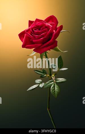 Schöne rote Rosenblüte am Stiel isoliert auf warmem Farbverlaufshintergrund Stockfoto