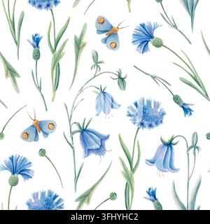 Aquarell-Blumenmuster ohne Rand mit Glockenblumen, Kornblumen und Schmetterlingen. Handgezeichnetes Design mit blauen Wildblumen der Wiese. Stockfoto