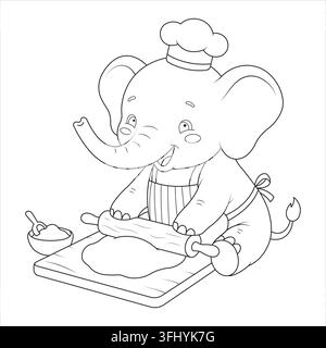 Chef-Bäcker rollt Teig mit Nudelholz, Elefant drückt Gebäck, trägt Toque und Schürze Stock Vektor