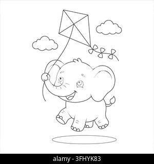 Fliegender Drachen-Spielzeug spielt draußen, Elefant rennt und hält die Schnur am Himmel Stock Vektor
