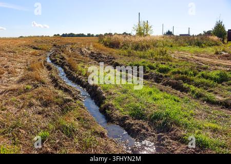 Tiefe schlammige Furchen, die mit Regenwasser gefüllt sind, schneiden sich durch ein grasbewachsenes Agrarfeld unter einem klaren blauen Himmel und fangen die raue Textur von nasser Erde ein und Stockfoto