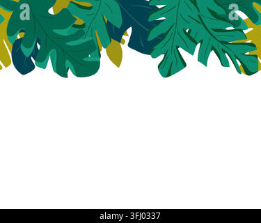 Horizontale Bordüre aus tropischen Blättern, flache Vektorillustration. Monstera-, Palmen- und Farnblätter-Muster ohne Naht für Seitenteiler, Hochzeitseinladungen Stock Vektor