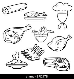 Symbole für Essen und Kochen, lineare Vektorillustration. Für Restaurantmenüs, Kochblogs, Lebensmittelverpackungen, Kochanwendungen, Küchendekoration Stock Vektor