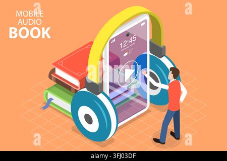 3D Isometrisches Flachkonzept für Mobile Audiobücher, Online-Bildung. Stockfoto