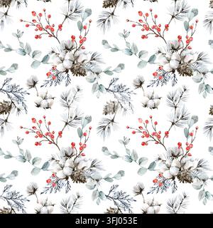 Ein nahtloses winterliches Aquarell-Blumenmuster mit Baumwolle, Eukalyptuszweigen, Kiefer, Beeren Stockfoto