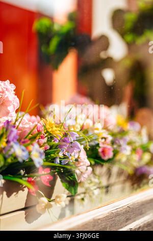 Nahaufnahme von bunten Blumen auf einer sonnigen Fensterbank Stockfoto