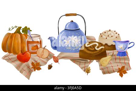 Aquarellillustration einer gemütlichen Teeparty-Komposition mit einem blauen floralen Teekessel, Kürbis und Gebäck. Ideal für Thanksgiving-Banner, Herbstgrüße Stockfoto