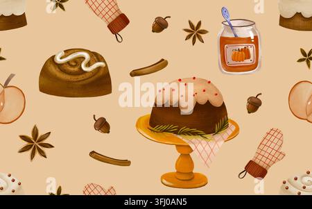 Warmes beiges nahtloses Aquarellmuster voller köstlicher Herbstgebäckstücke, Marmeladen und warmer Gewürze. Ideal für Café-Branding, Rezeptbücher, Verpackungspapier Stockfoto