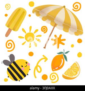 Eine handgezeichnete digitale Illustrationenserie mit einem Eis am Stiel, einem gestreiften Strandschirm, einer Sonne, einer Biene, einer Zitrone, einer Zitrusfrucht-Scheibe sowie dekorativen Wirbeln und Punkten. Stockfoto