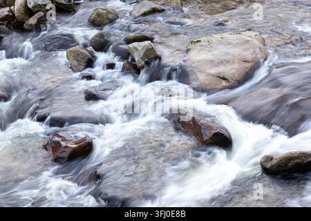 Schnell fließendes Wasser stürzt über schroffe Steine in einem malerischen Flussbett und zeigt rohe Wasserenergie und kühle Flüssigkeit, um die Reinheit von zu repräsentieren Stockfoto