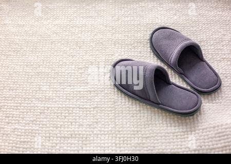 Paar Graue Weiche Wildlederpantoffeln auf Plüschigem Cremeweißem Kuschelbadematten-Topfokus Stockfoto