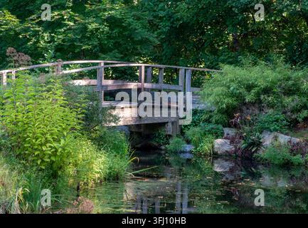 Eine hölzerne Fußgängerbrücke über einen Bach im Brookside Gardens Stockfoto
