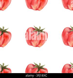Nahtloses Aquarellmuster mit reifen Tomaten. Helle, saftige, handgemalte Gemüse für Textilien, Verpackungen und Packpapier. Stockfoto