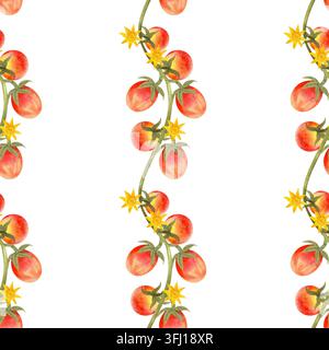 Nahtloses Aquarellmuster mit reifen Kirschtomaten und Blumen. Helle, saftige handgezeichnete Gemüse für Textilien, Verpackungen und Packpapier Stockfoto