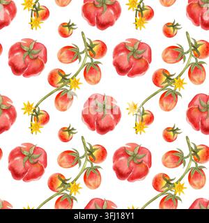 Nahtloses Aquarellmuster mit großen, reifen Tomaten und Kirschtomaten an der Ranke. Helle, saftige handgezeichnete Gemüse für Textilien, Verpackungen Stockfoto