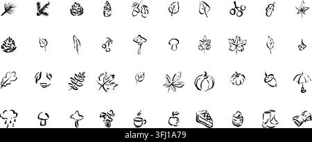 Niedliches Linienkreidedoodle Herbst-Symbol-Set. Kohlestoff-kindliche naive Zeichnung. Herbstblätter, Eicheln, Ahornbaum, Pilz. Kinderbleistiftgekritzel. Herbst s Stock Vektor