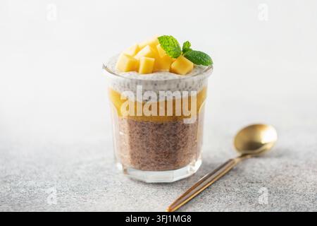 Schokoladen-Chia-Pudding aus Kokosmilch mit Mango im Glas. Stockfoto
