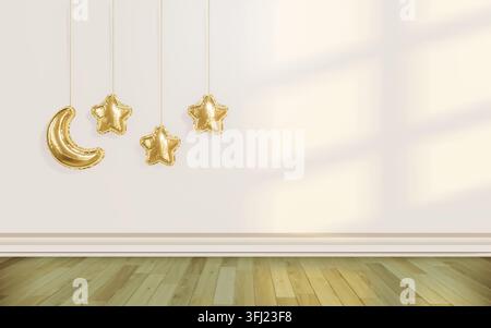 3D-Raum mit goldenen Halbmond- und Sternenballons, 3D-Rendering. Stockfoto