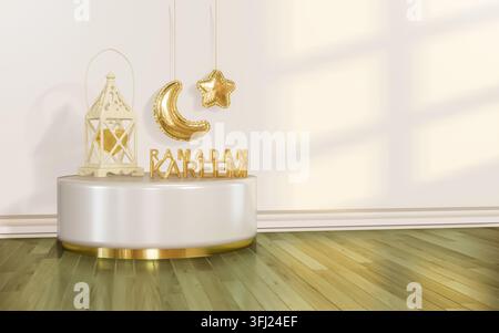3D-Raum mit goldenen Halbmond- und Sternballons, weißer Laterne und goldenem Ramadan Kareem-Text, 3D-Rendering. Stockfoto