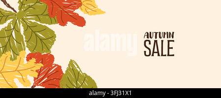 Herbstverkaufstext mit texturiertem Laub, handgezeichnetes Vektorbanner Stock Vektor
