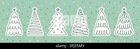 Satz von handgezeichneten Doodle-Weihnachtsbäumen für Weihnachtsdekoration. Minimalistische Umriss-Weihnachtelemente. Vektorillustration Stock Vektor