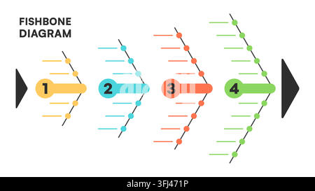 Fischgräten-Diagramm-Infografik mit Vier-Schritte-Prozess in bunter Pfeilform-Vektorillustration Stock Vektor