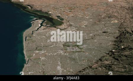 Schräge Luftbild-3D-Illustration von Adelaide, Australien, die die Stadt und die umgebende Landschaft im frühen Morgenlicht zeigt. Stockfoto