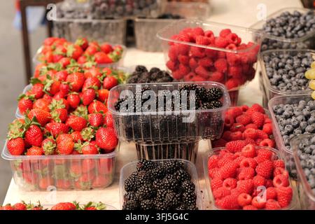 Buntes Sortiment an frischen Erdbeeren, Himbeeren, Brombeeren und Blaubeeren, die in Plastikbehältern auf einem Markt im Freien ausgestellt sind, repräsenti Stockfoto