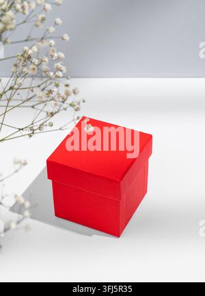 Rote Schachtel auf weißem und grauem Hintergrund mit Gypsophila-Blumen und weichen Schatten. Konzept eines Geschenks für einen Feiertag, eine Überraschung oder ein Zeichen der Aufmerksamkeit Stockfoto