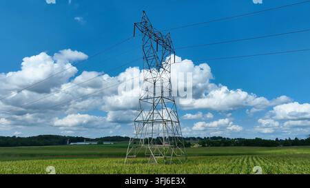 Elektromast, der über einem grünen Maisfeld mit blauem Himmel aufragt. Luftbild von Stromleitungen in den USA, Rothsville, Pennsylvania. Stockfoto