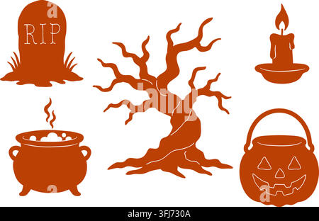Halloween-Illustrationsset mit RIP-Grabstein, verdrehtem totem Baum, brennender Kerze, blubberndem Kessel und Kürbiskandybucket in kräftiger orangefarbener Silhouette Stock Vektor