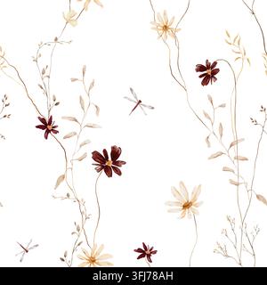 Handgemaltes Aquarell-Muster ohne Naht mit Herbstblumen in Burgunder-, Terrakotta- und Rosttönen, Blütenblättern, Knospen und Samenkapseln auf Weiß Stockfoto