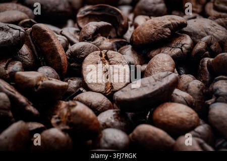 Nahaufnahme-Makroaufnahme von gerösteten Kaffeebohnen, die eine ölige Textur, tiefe Falten und warme Brauntöne mit leichtem Hintergrund-Bokeh zeigen Stockfoto
