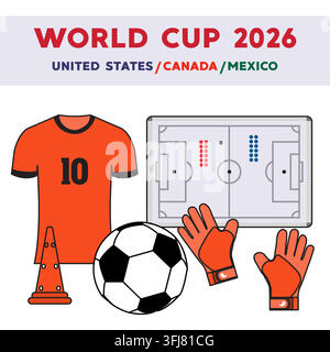 Fußball-WM 2026 Elemente mit Trikot, Ball, Handschuhen und Taktiktafel in Vektorillustration Stock Vektor