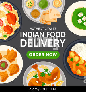 Indisches Essensliefer-Square-Banner auf dunklem Schiefer. Online-Bestell-Post mit Curryspeisen-Vektorgrafik Stock Vektor