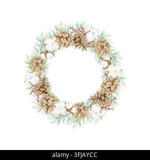 Kieferzweige, Tannenzapfen, Baumwollblüten und rote Beeren Aquarell-Weihnachtsrundkranz-Illustration. Festlicher Winteraufkleber-Vorlage mit Platz für Text Stockfoto