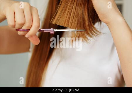 Frau schneidet ihr langes kastanienbraunes Haar mit professionellen Metallscheren und konzentriert sich auf Haarpflege und -wartung, Haarschnitte, Haarpflegewartung, Schönheitsroutine Stockfoto