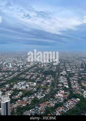 Luftpanoramablick auf eine weitläufige urbane Stadtlandschaft mit dichten Wohnhäusern, Gebäuden, Straßen und grünen Bäumen unter bewölktem blauem Himmel. Stockfoto