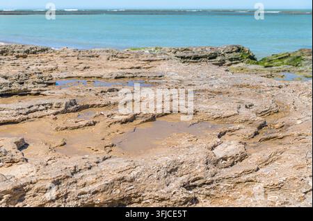 Blick auf den Strand in Chipiona, Provinz Cadiz, Andalusien, Spanien, mit Felsen im Vordergrund, Sand, Meer und Himmel entlang der Atlantikküste Stockfoto