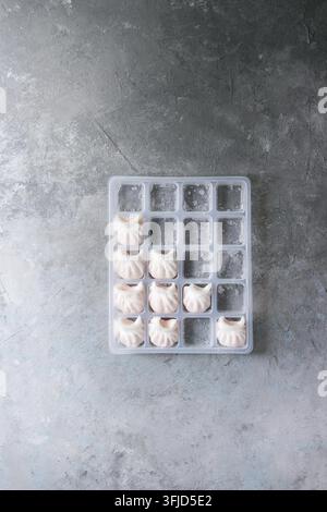 Tiefgekühlte Fertiggerichte asiatischen potstickers Klöße zu kochen von Garnelen in Kunststoffbox über grau Textur Hintergrund gefüllt. Ansicht von oben, Platz. Halbzeug Stockfoto
