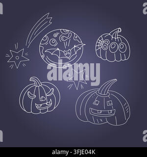 Weißes Halloween-Kürbis-Vektorkreide-Set. Gruseliges Neon-Umrandungs-Bild mit Vollmond, Fledermaus und Sternen. Perfekt für Herbsturlaub-Nachtparty-Dekorationen. Stock Vektor