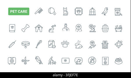 Haustiersymbolik für Pflege, Fütterung, tierärztliche Behandlung, Training und Wohlbefinden von Haustieren für Kliniken, Tierheime und Geschäfte, schwarze Linienicons-Set, Vektorillustration Stock Vektor